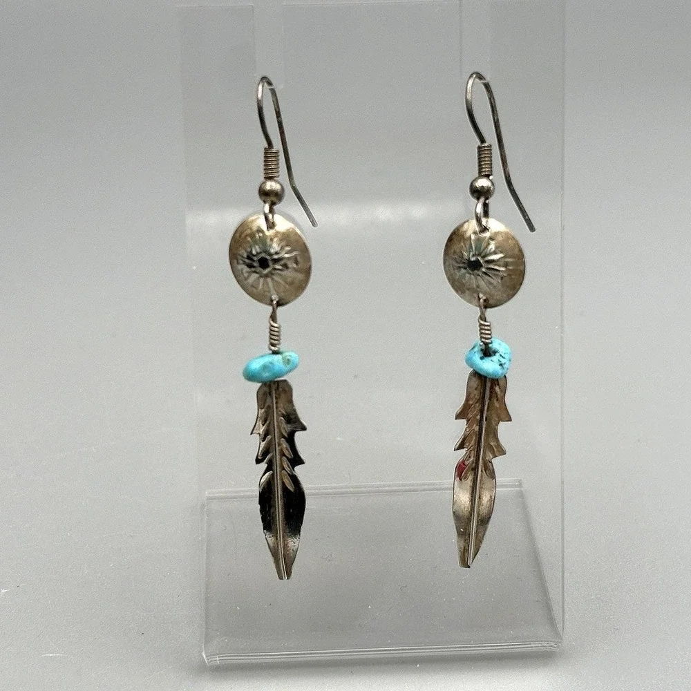 Native American Pierced Sterling Silver Earrings Turquoise Concho Feather 925